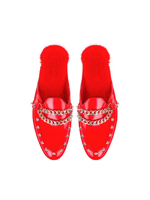 Red Patent Leather Mink Fur Mules, 4