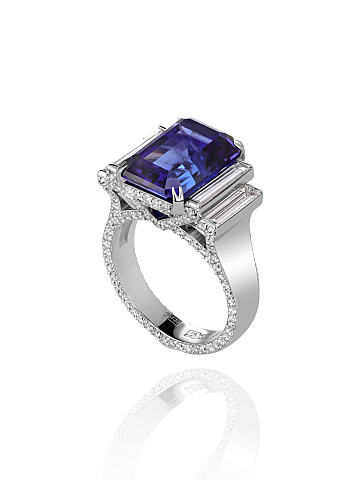 Tanzanite & Baguette Diamond & White Gold Ring, 1