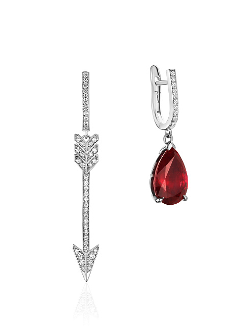 Asymmetric white gold earrings with ruby and diamonds, 4