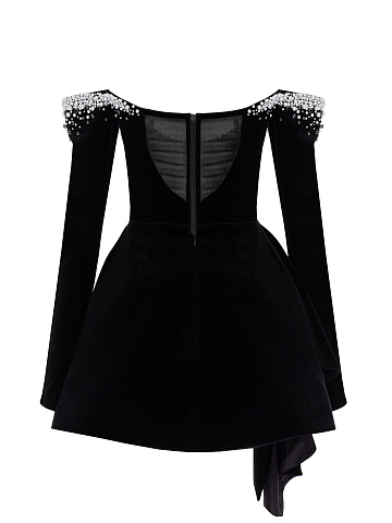 Black Asymmetric Drape Velvel Mini Dress, 2