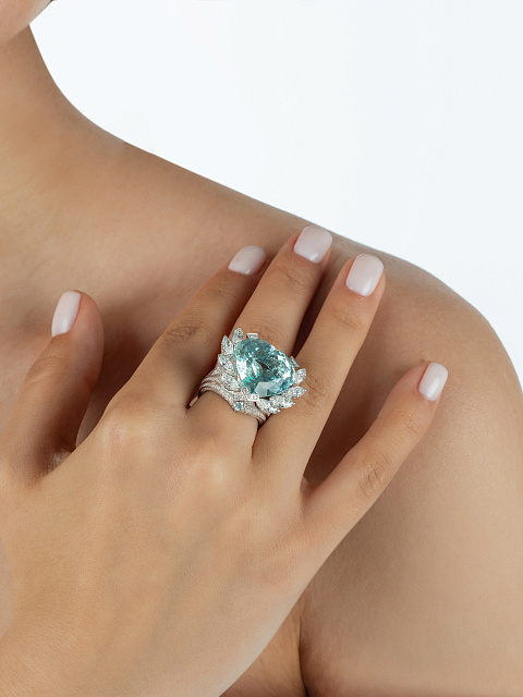 Tourmaline Paraiba, Marquise, Princess Cut, Round Diamond & White Gold Ring, 7