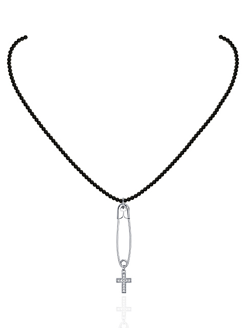 Black Agate & Cubic Zirkonia & Silver "Safety Pin" Necklace , 1