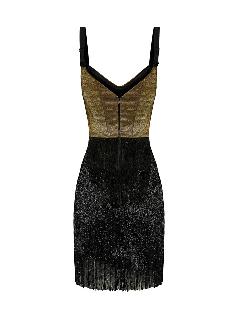 Black & Gold Fringe Trimmed Skirt Mini Dress, 2 Black & Gold Fringe Trimmed Skirt Mini Dress, 2