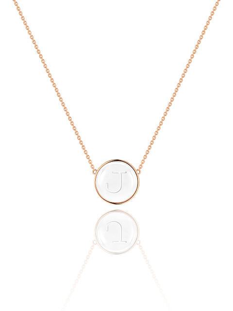 Necklace with a pendant with the letter J in rose gold with rock crystal, 1