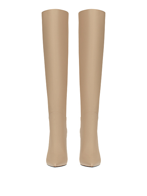 Eggshell Cream Leather Stiletto Boots, 2