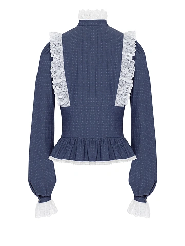 Blue Lace Trim Polka Dot Cotton Blouse, 2