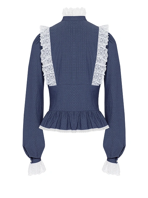 Blue Lace Trim Polka Dot Cotton Blouse, 2