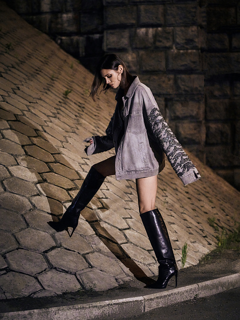 Black Leather Stiletto Boots, 6