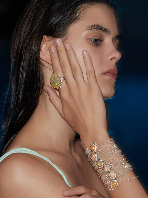 White Gold, Diamonds, Opals & Tsavorites Wide Bracelet, 5