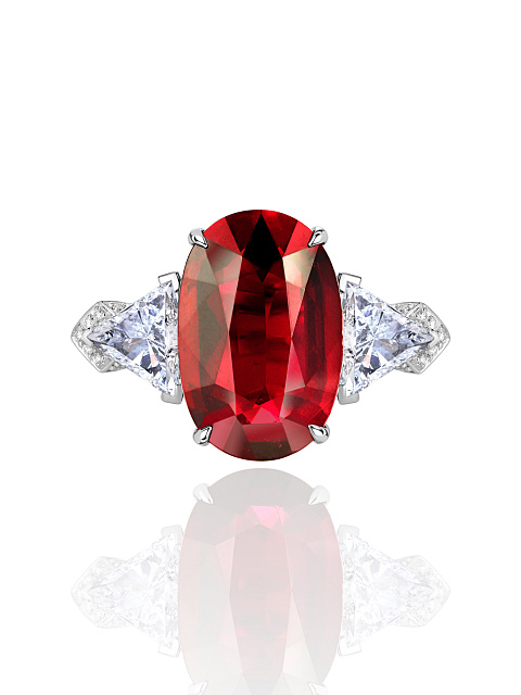 Oval Ruby Pigeon Blood, Triangular Diamond & White Gold Ring, 4