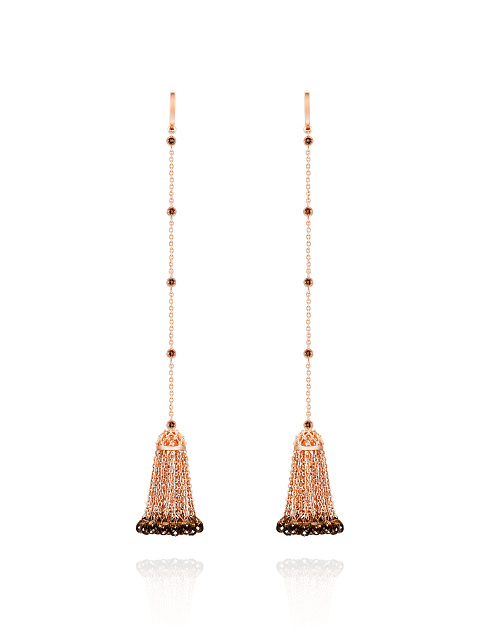 Briolette Smoky Quartz & Round Smoky Quartz & Rose Gold Tassel Earrings, 1