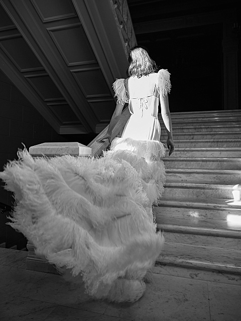 White Feathers Trimmed Bridal Dress , 7 White Feathers Trimmed Bridal Dress , 7