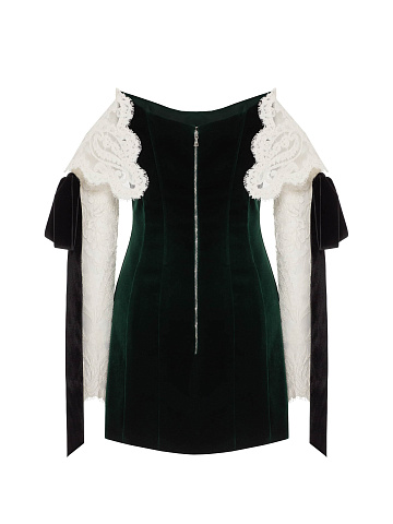 Dark Green Velvet Dress With Lace Sleeves And Ribbons, 2