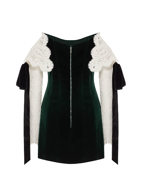 Dark Green Velvet Dress With Lace Sleeves And Ribbons, 2