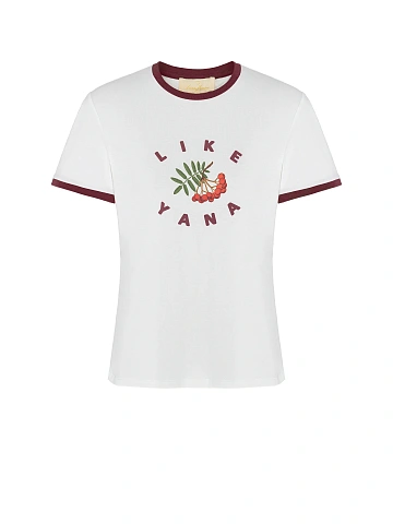 White T-shirt With Print And Bordeaux Piping, 1