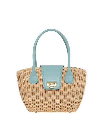 Straw Tote Bag with Mint Leather Trim, 1