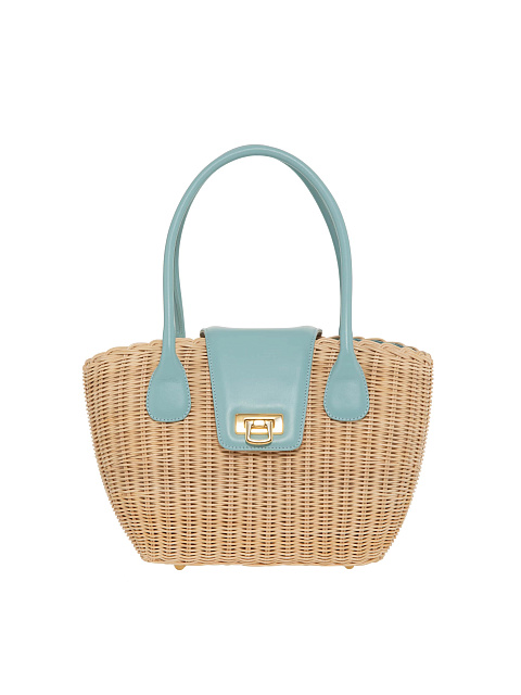 Straw Tote Bag with Mint Leather Trim, 1 Straw Tote Bag with Mint Leather Trim, 1