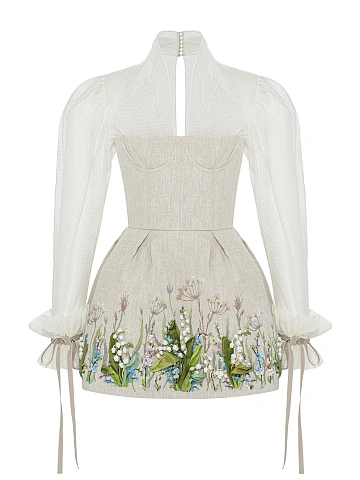 Beige Floral Embroidery Linen Mini Dress, 1