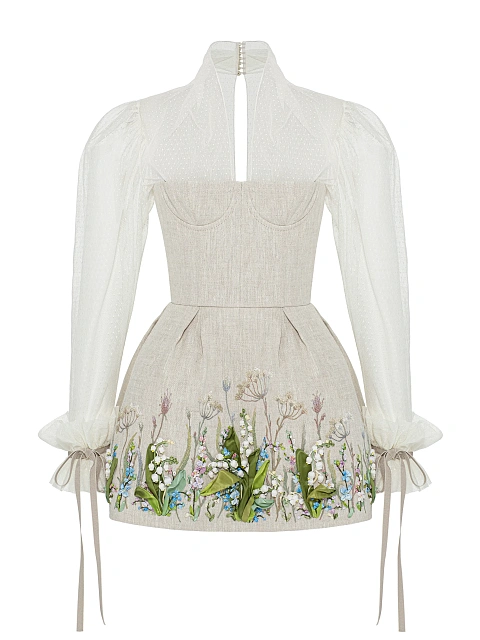 Beige Floral Embroidery Linen Mini Dress, 1 Beige Floral Embroidery Linen Mini Dress, 1