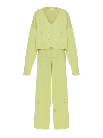 Lime Green Knitted Cardigan, Top & Pants Set, 1