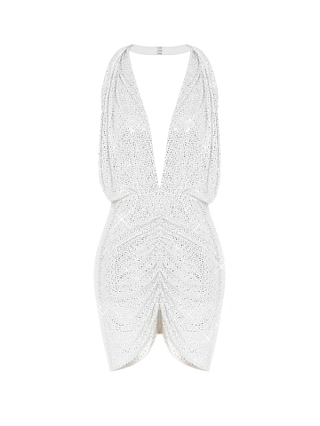 White Open Back Rhinestones Mini Dress, 1