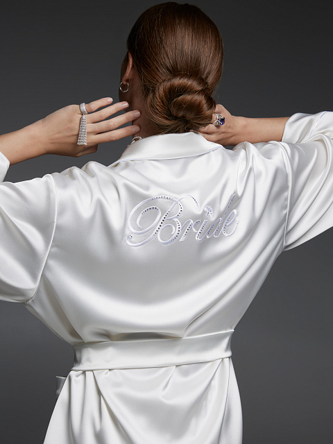 White Embroidered "Bride" Silk Pajama Set, 12 White Embroidered "Bride" Silk Pajama Set, 12