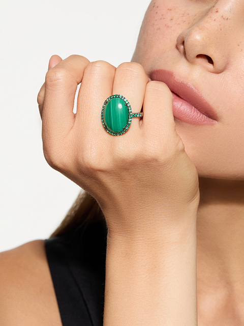 Oxidized gold ring with malachite and emeralds, 3
