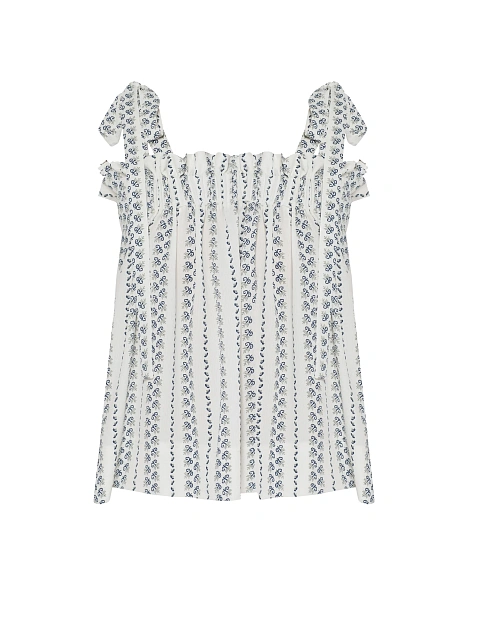 White Top With Blue Print And Tie Straps, 2 White Top With Blue Print And Tie Straps, 2