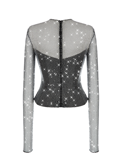 Black Rhinestones Mesh Longsleeve Top, 2 Black Rhinestones Mesh Longsleeve Top, 2