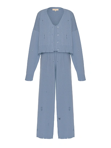 Light Blue Knitted Cardigan, Top & Pants Set, 1