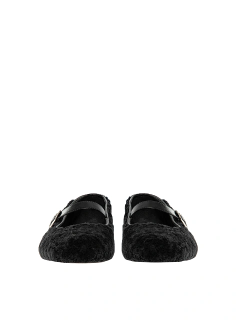 Black Shearling Mary Jane Ballet Flats, 2