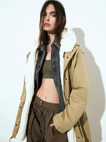 Beige parka made of raincoat fabric with faux fur, 2