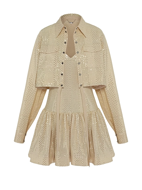 Golden Sequin Shirt & Mini Dress Set, 1 Golden Sequin Shirt & Mini Dress Set, 1