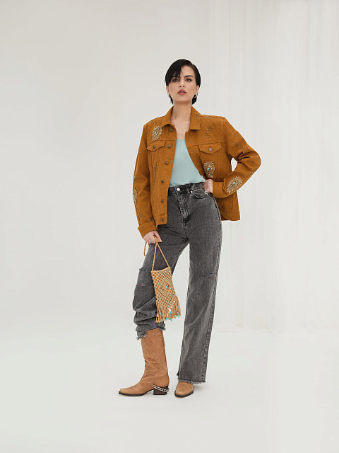 Brown Denim Jacket With Crystals And Beads, 3