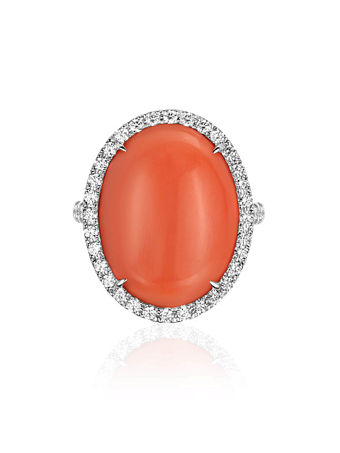 White gold ring with coral and diamonds, 5