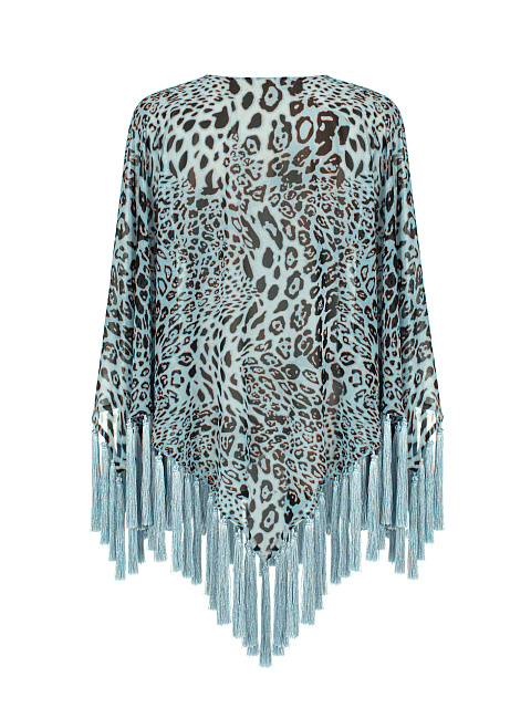 Blue Leopard Print Fringed Poncho, 2