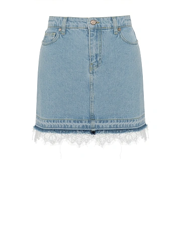 Light Blue Lace Trim Denim Mini Skirt, 1