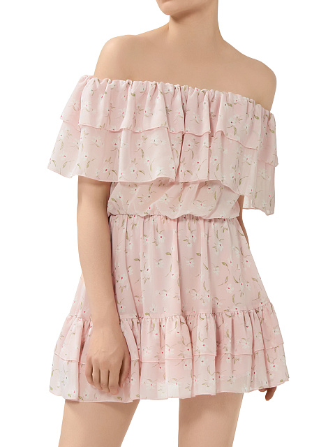 Light Pink Flower Printed Off Shoulder Mini Dress, 4 Light Pink Flower Printed Off Shoulder Mini Dress, 4