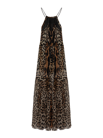 Brown Leopard Print Chiffon Maxi Dress, 2