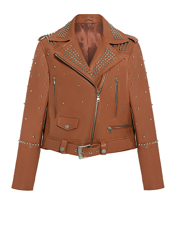 Brown Studded Leather Biker Jacket , 1