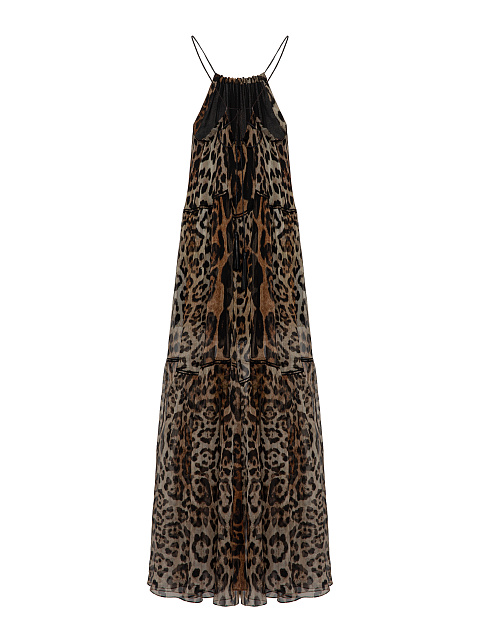Brown Leopard Print Chiffon Maxi Dress, 2