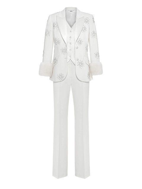 White three-piece suit with embroidery and mink cuffs, 3 White three-piece suit with embroidery and mink cuffs, 3