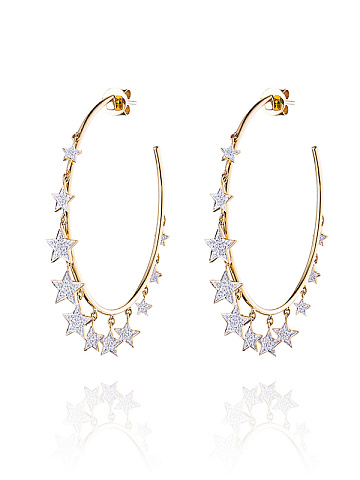 Hoops made of yellow gold with diamonds with star-shaped pendants with round-cut diamonds, 1