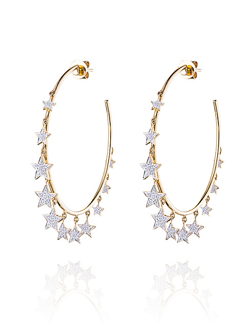 Hoops made of yellow gold with diamonds with star-shaped pendants with round-cut diamonds, 1