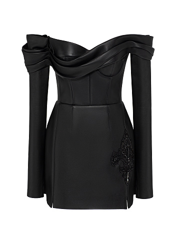 Black Leather Off Shoulder Mini Dress, 1