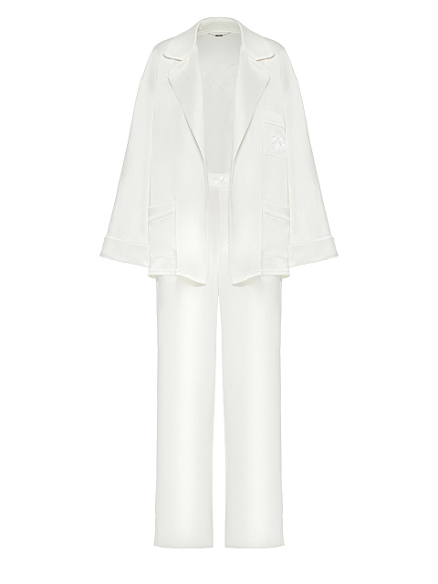 White Embroidered "Bride" Silk Pajama Set, 3 White Embroidered "Bride" Silk Pajama Set, 3