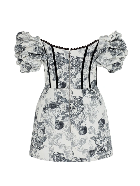 White Cotton Mini Dress With Gray Floral Print And Lace, 2 White Cotton Mini Dress With Gray Floral Print And Lace, 2