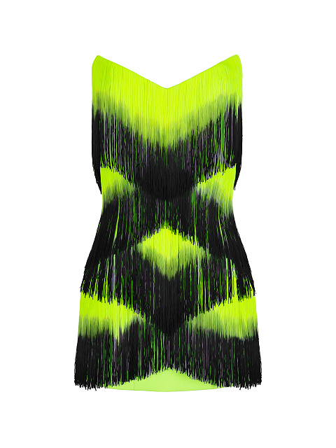 Yellow & Black Fringed Mini Dress, 1