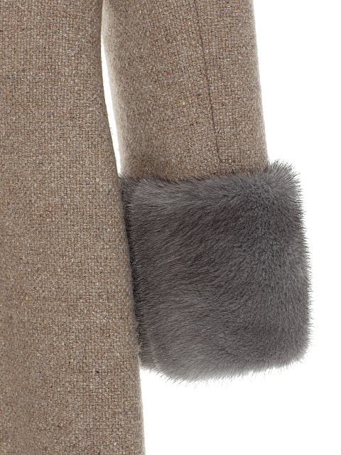 Beige Wool Midi Dress With Mink Fur Cuffs, 4