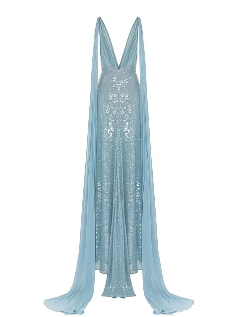 Light Blue Sequin Silk Maxi Dress With Chiffon Tail , 3 Light Blue Sequin Silk Maxi Dress With Chiffon Tail , 3